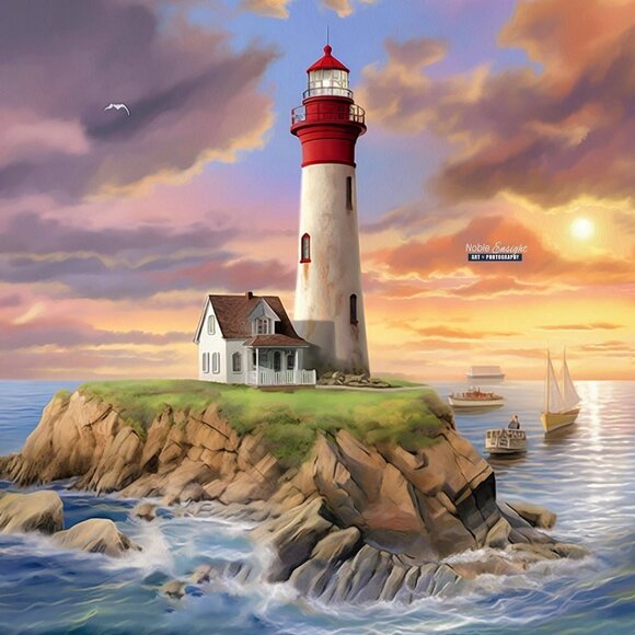 16x20 Lighthouse‎ Majestic Landscape Scene Watercolor Oil Painting - Picture 2 of 8